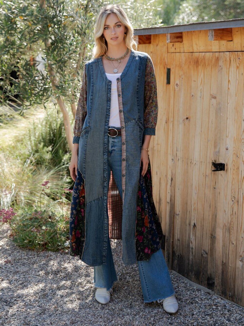 Young Threads Earthy Denim Duster Dress, Artisan Patchwork